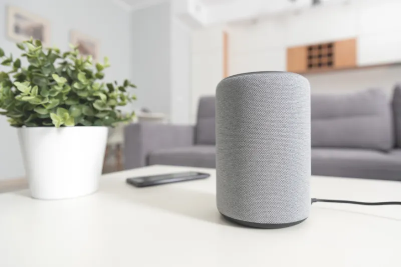 Smart home tech image of a smart home speaker device on a table top